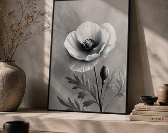 White Poppy Poster | Botanical Floral Wall Art | Elegant White Poppy Illustration | Minimalist Nature Print | Matte Flower Poster