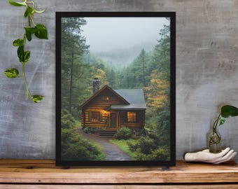 Rustic Wooden Cabin Poster – Serene Mountain Landscape Wall Art
