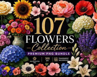 107 Floral PNG Bundle | Flower Clipart Bundle | Botanical PNG Files | Transparent Background | Commercial Use | Instant Download