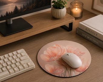 Round Pink Tulip Mouse Pad | Floral Desk Accessory | Pastel Botanical Mousepad | Non Slip Desk Decor