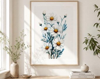 Daisy Bouquet Poster | Botanical Floral Wall Art | White Flower Matte Print | Minimalist Flower Decor Unframed