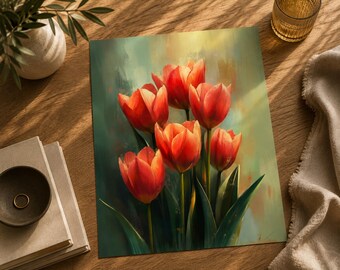 Coral Red Tulip Poster | Warm Floral Wall Art | Matte Botanical Print | Elegant Spring Decor