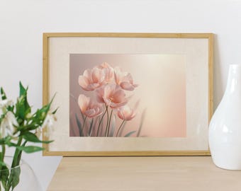 Soft Pink Tulips in the Breeze – Horizontal Poster | Floral Illustration Print | Spring Wall Art | Unframed