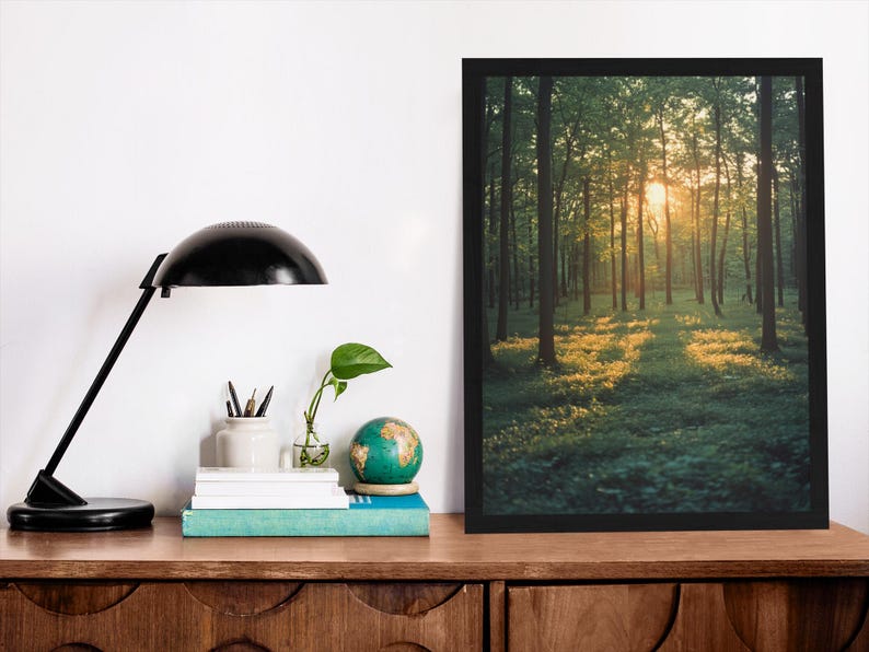 Waldposter mit hohen Bäumen, subtilen Schatten und sanften Lichtstrahlen, das Ruhe, Balance und Harmonie in deine Einrichtung bringt.