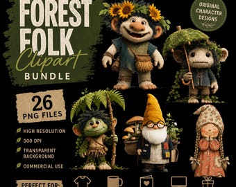 Forest Folk Clipart Bundle | 26 Woodland Characters | Cute Troll PNG | Fantasy Forest Creatures | Commercial Use | Instant Download