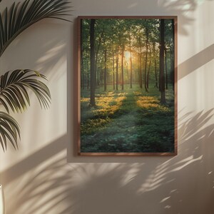 Beruhigender Kunstdruck mit einer friedlichen Waldlichtung, durch die sanfte Sonnenstrahlen zwischen hohen Bäumen scheinen und eine magische, ruhige Atmosphäre für dein Zuhause schaffen.