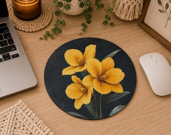 Round Yellow Orchid Mouse Pad | Botanical Floral Desk Accessory | Non Slip Mousepad | Elegant Flower Desk Decor