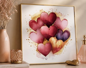 Pink Hearts Poster, romantic watercolor wall art, love wall decor, couple gift, Valentine poster