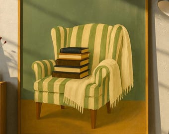 May include: A framed painting depicting a wingback armchair upholstered in green and cream vertical stripes. A stack of five books rests on the seat, and a cream-colored fringed throw blanket is draped over the right arm of the chair.