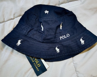 Sombrero tipo cubo Polo Ralph Lauren azul marino con logo Pony estampado, nuevo con etiquetas, de algodón, de diseñador, estilo streetwear, unisex, estilo vintage, talla S/M.
