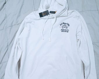 Sudadera con capucha Polo Ralph Lauren XL blanca bordada con gráfico panorámico del valle del Hudson, estilo Arts Society 1967, estilo streetwear de lujo informal.