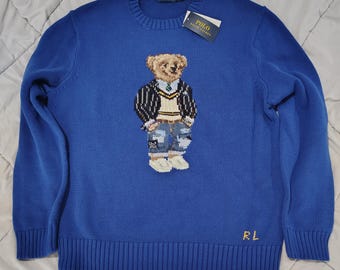 Suéter Polo Ralph Lauren Bear talla grande, azul, de punto, cuello redondo, nuevo con etiquetas. Suéteres para hombre con bordado Polo Bear RL, estilo preppy, ropa urbana, regalo.