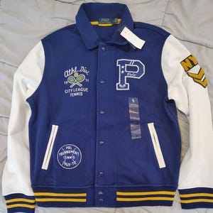 Polo Ralph Lauren Varsity Jacket Large Blue White Tennis P Patch BNWT Athletic Division Chenille Preppy Streetwear Coat