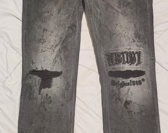 Pantalones vaqueros negros desgastados Ksubi talla 33x32, estampado de salpicaduras de pintura, estilo gótico, ropa urbana, denim lavado, pantalones vaqueros desgastados para hombre.