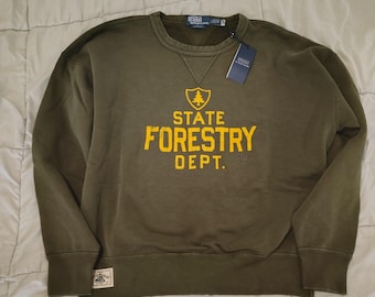 Polo Ralph Lauren State Forestry Dept Sweatshirt Großes Neu mit Etikett Olivgrün Vintage Fit Rundhalsausschnitt Sportler Patch Outdoors Grafik Pullover