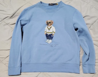 Polo Ralph Lauren Polo Bear Sweatshirt Blue RLTC Tennis Bear Crewneck Mens Medium Vintage Streetwear Soft Cotton Pullover Men's Sweatshirts