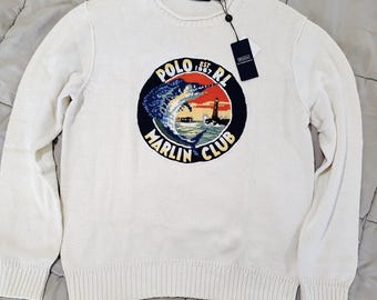 Suéter Polo Ralph Lauren Marlin Club talla grande, nuevo con etiquetas, color crema, tejido náutico, cuello redondo, estampado de pesca, faro, jersey para hombre.