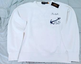 Polo Ralph Lauren Large US-RL 1967 Marine Docking Station Sweatshirt White Vintage Fit NWT Anchor Graphic Men's Polo Sweatshirt Size Large