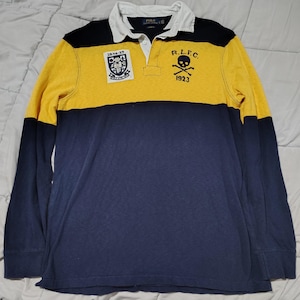 Polo Ralph Lauren RLFC Skull Rugby Shirt Yellow Navy Classic Fit Long Sleeve Cotton Polo Size Large Rare Preppy Vintage Style Rugby For Men