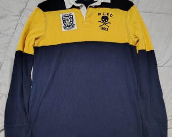 Polo Ralph Lauren RLFC Skull Rugby Shirt Amarillo Azul Marino Clásico Corte Largo Manga Largo Algodón Polo Talla Grande Raro Estilo Preppy Vintage Rugby Para Hombre