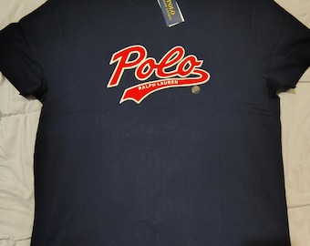 Camiseta Polo Ralph Lauren azul marino con logo en rojo, talla grande, corte clásico, nueva con etiquetas, algodón suave, diseño urbano, camiseta gráfica informal para hombre.