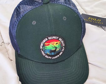 Gorra tipo camionero Polo Ralph Lauren Sportsmen Respect Wildlife, nueva con etiquetas, color verde y azul marino, con cierre ajustable y parche para exteriores, diseño de ciervo y fauna silvestre.