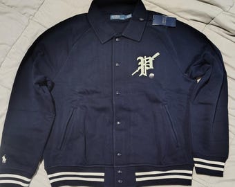 Chaqueta universitaria Polo Ralph Lauren Collegiate Letterman con parche "P" azul marino BNWT talla grande