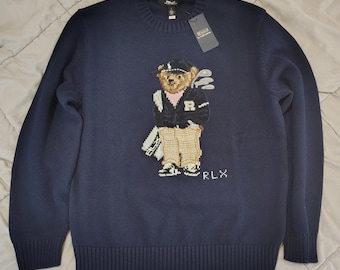 ポロ ラルフローレン RLX ベア セーター ネイビー ゴルフベア ニット ミディアム 新品タグ付き プレッピー ストリートウェア ラグジュアリー メンズ プルオーバー ギフトアイデア