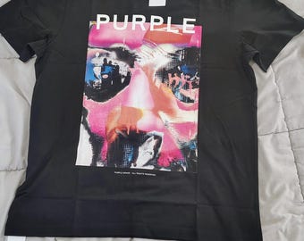 Camiseta gráfica Purple Brand XL negra estilo streetwear con estampado abstracto de rostro, de algodón de diseño, lujo, casual, para hombre.
