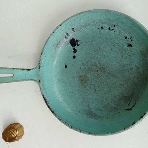 etsy front page.antique coated cast iron frying pan robins egg blue TEFLON