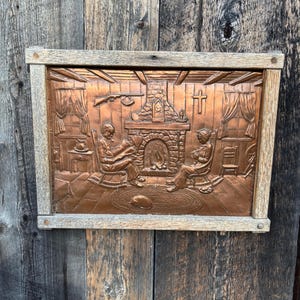 Vintage and beautiful hanging embossed copper carving sculpture de  A.NADEAU.