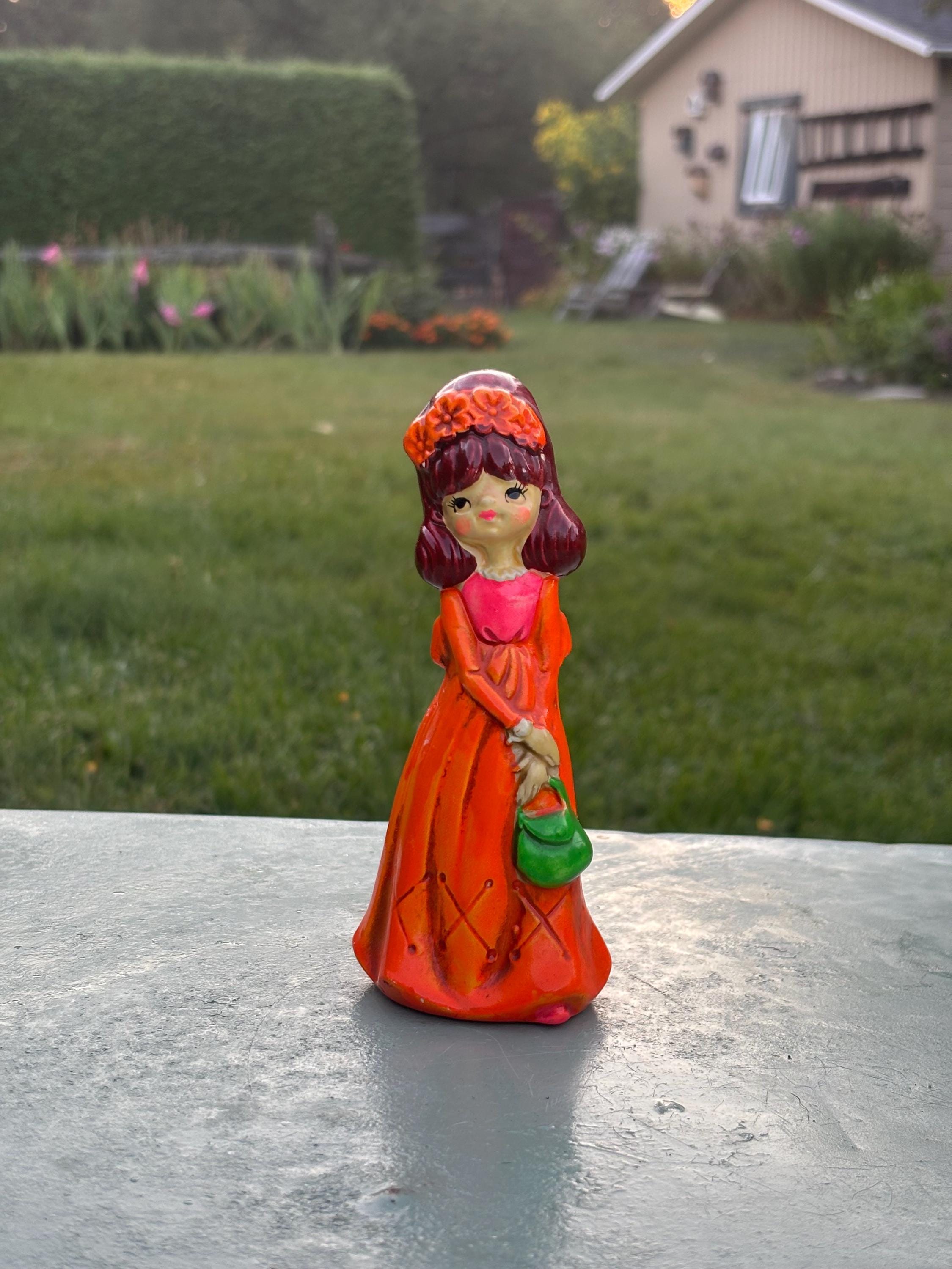 Vintage 1960s Ceramic Girl Figurine, Orange Dress, Made in Japan