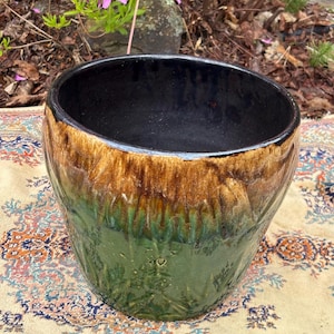 Jardiniere Large Planter. Vintage , Sun Moon Pattern, Sunburst, Starburst. Vintage Pot Planter, Retro Style, Green Brown Planter.
