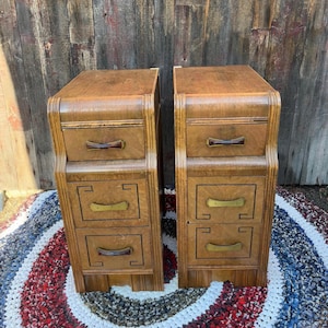 Pair of vintage bedside tables, nightstands, mid-century modern pop aprt wood.