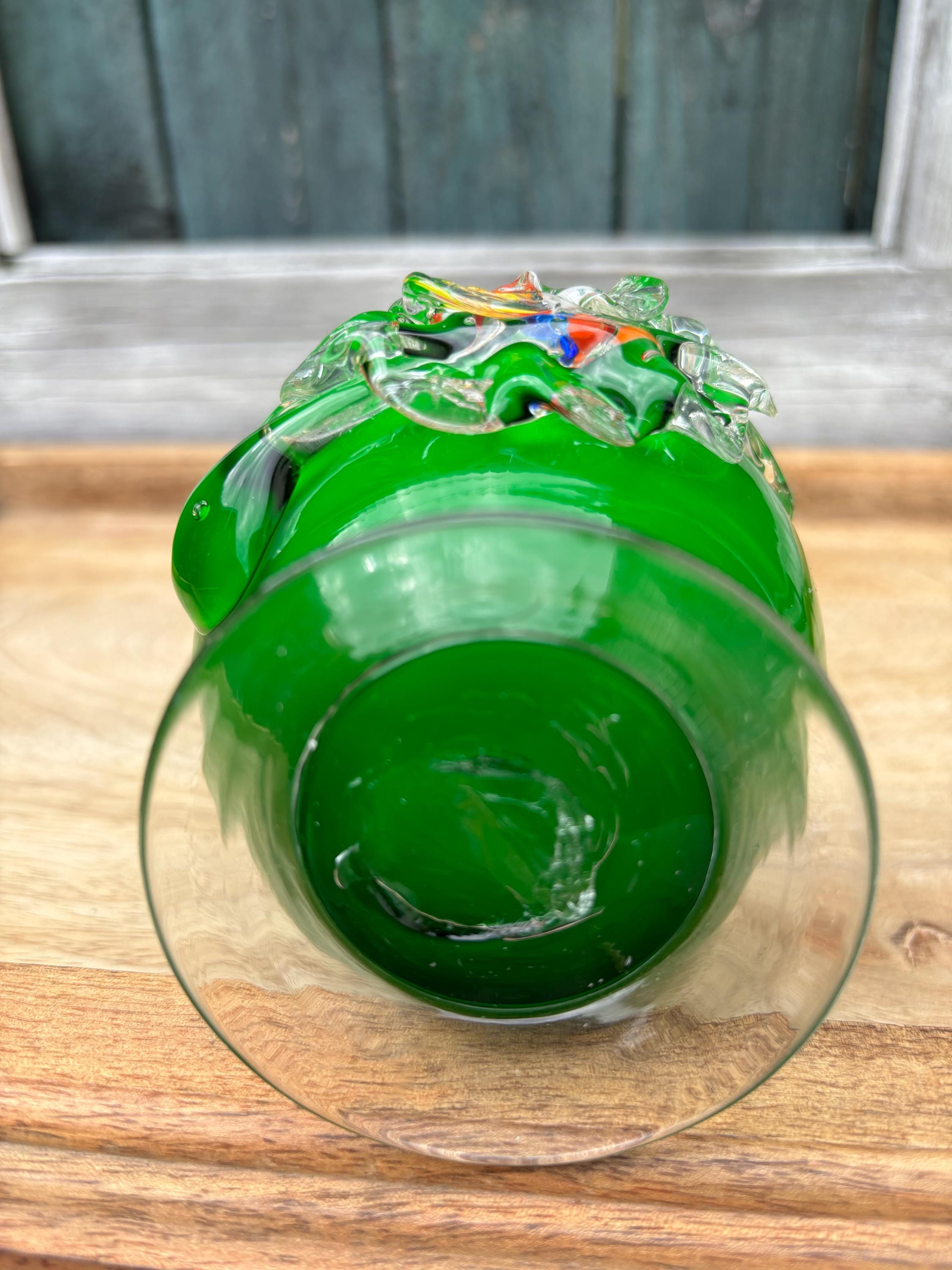 Vintage Murano Art Glass Green White Multi Color Flower