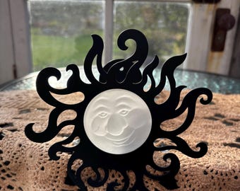Partylite Sun Frosted 3D Glass Face & Black Metal Votive Wall Sconce.