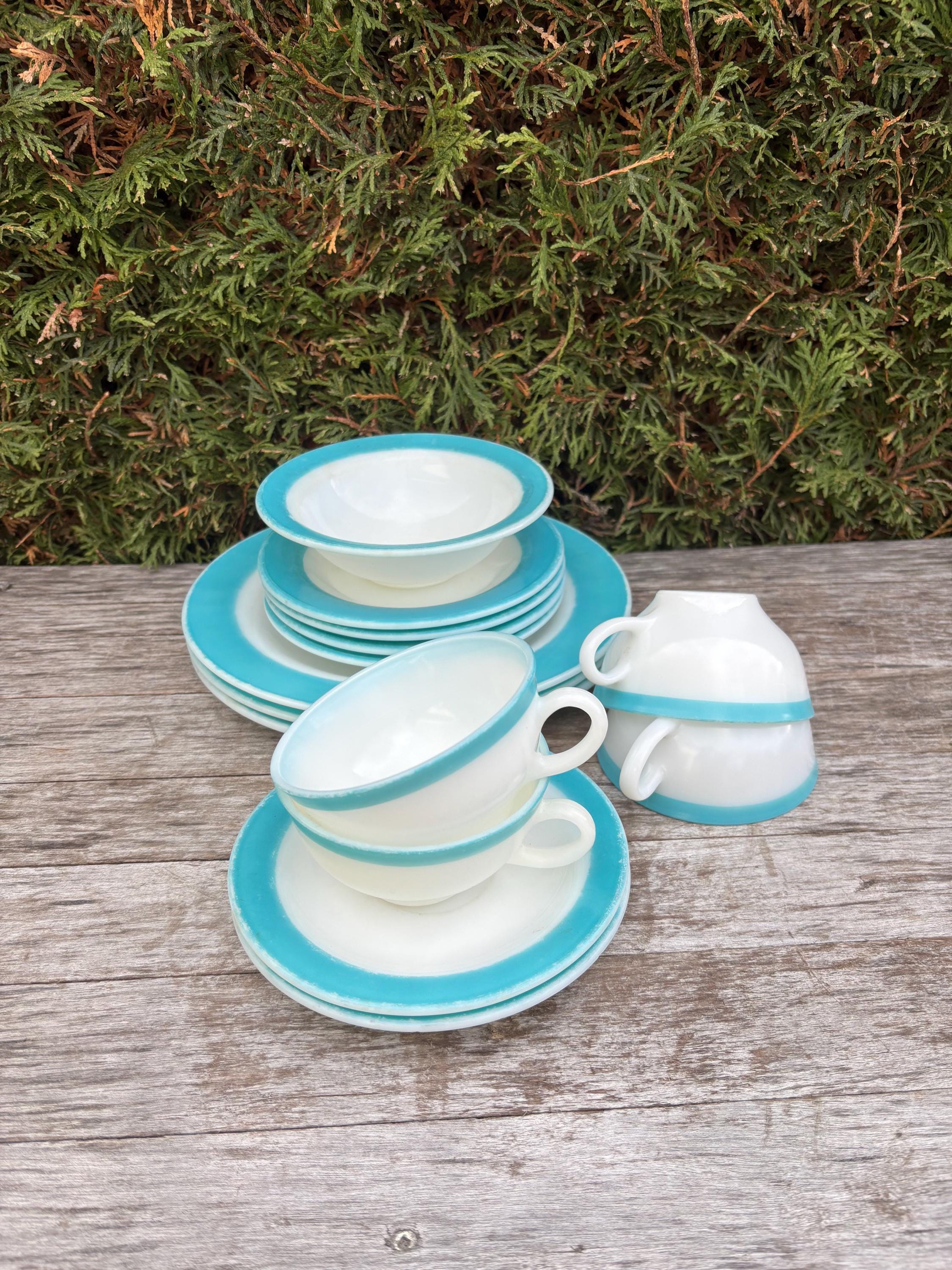 PYREX - Dinnerware Set With Aqua Blue/turquoise Band - Made in