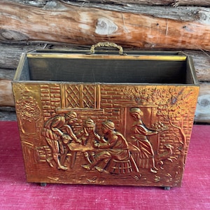 Vintage Brass on Wood Magazine Rack - 1960s Double Magazine / Newspaper Holder Embossed Repousse Brass English Country Scene Made in England