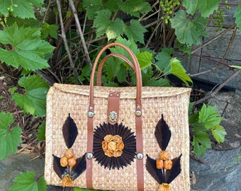 Vintage oversized straw bag Acapulco, Mexico, brown floral pattern, 1970s souvenir.