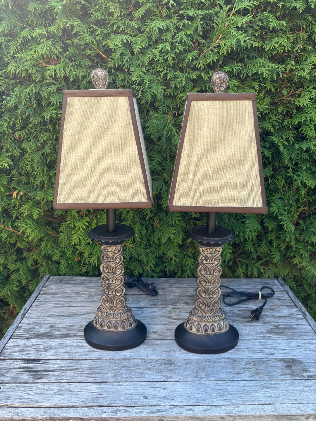 Duo of Resin Table Lamps, Beige Square Jute Fabric Lampshade. - Etsy