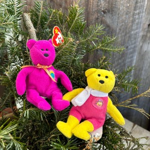 May include: Two plush beanie baby toys, one pink with a yellow star and the other yellow with a pink body and a white scarf. The toys are sitting on a bed of green pine branches.