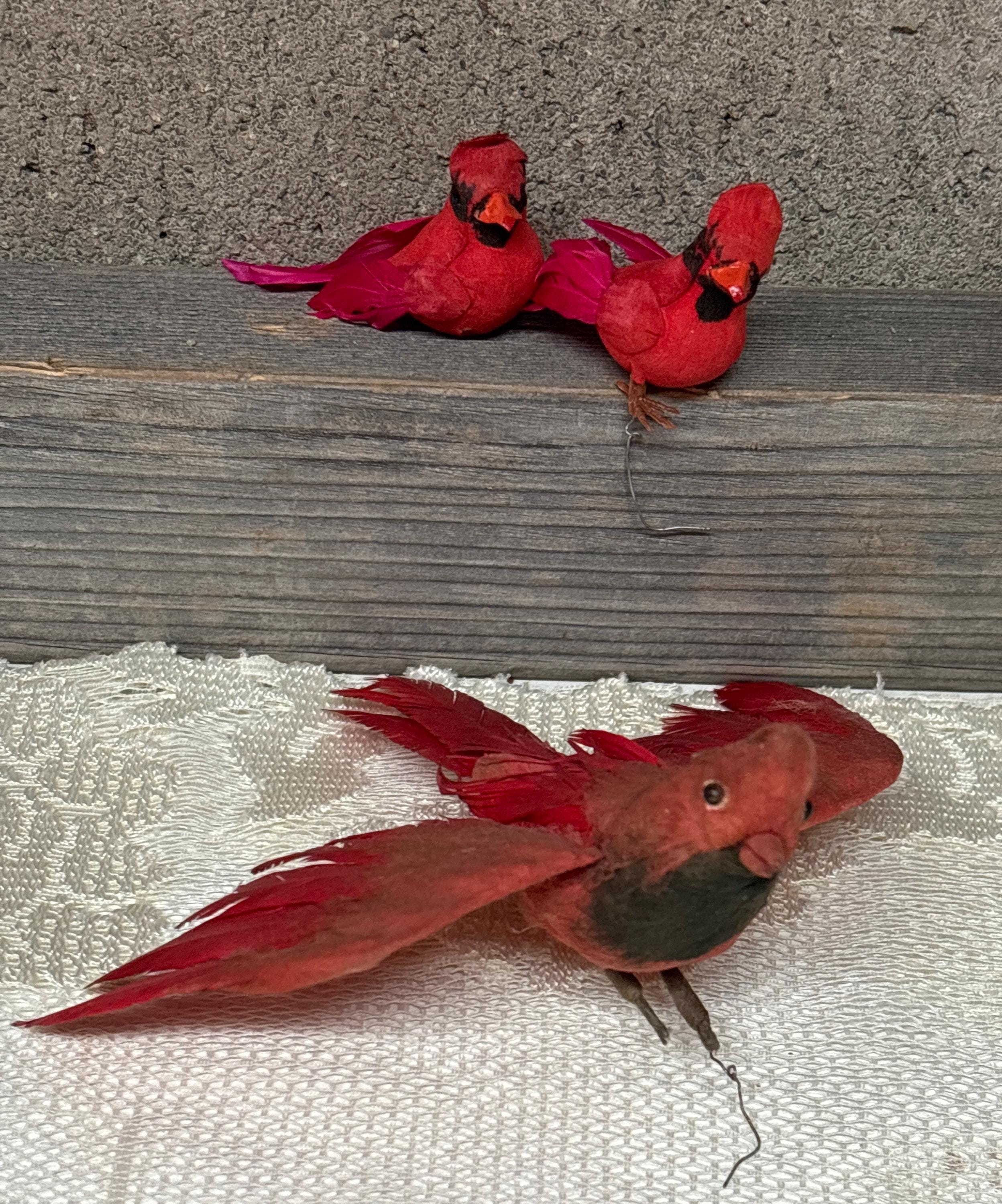 3 Vintage spun cotton Cardinal Bird ornaments, red bird feather wings, metal legs that need repair.