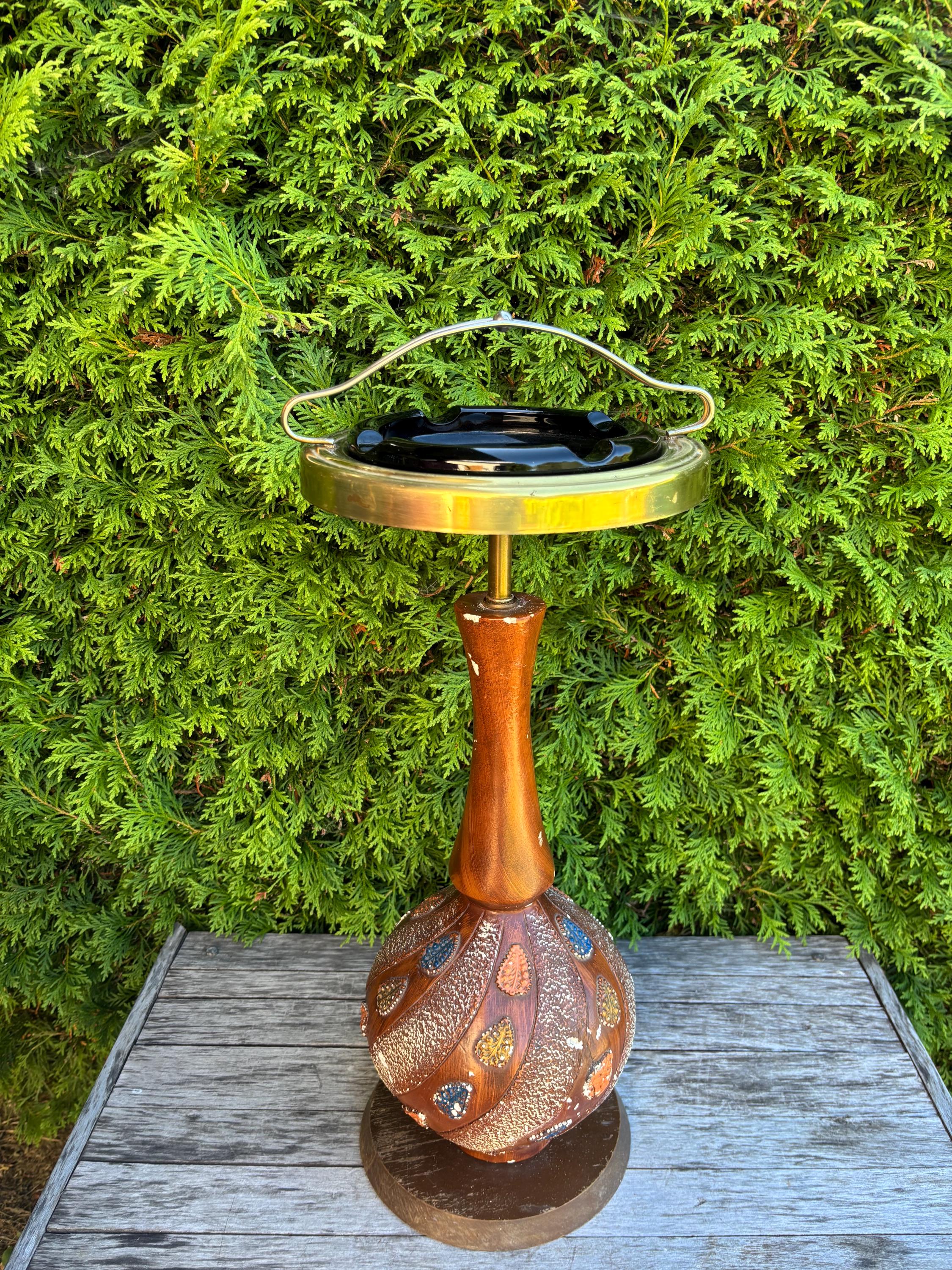 Vintage Retro 70s Standing Ashtray, 25'', Wood and Plaster Base