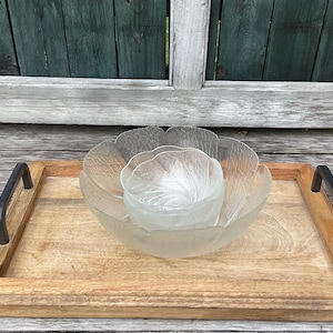 Vintage KIG Indonesia Clear Glass Salad Bowl, 9 inch with 4 small side dishes 5 inch.