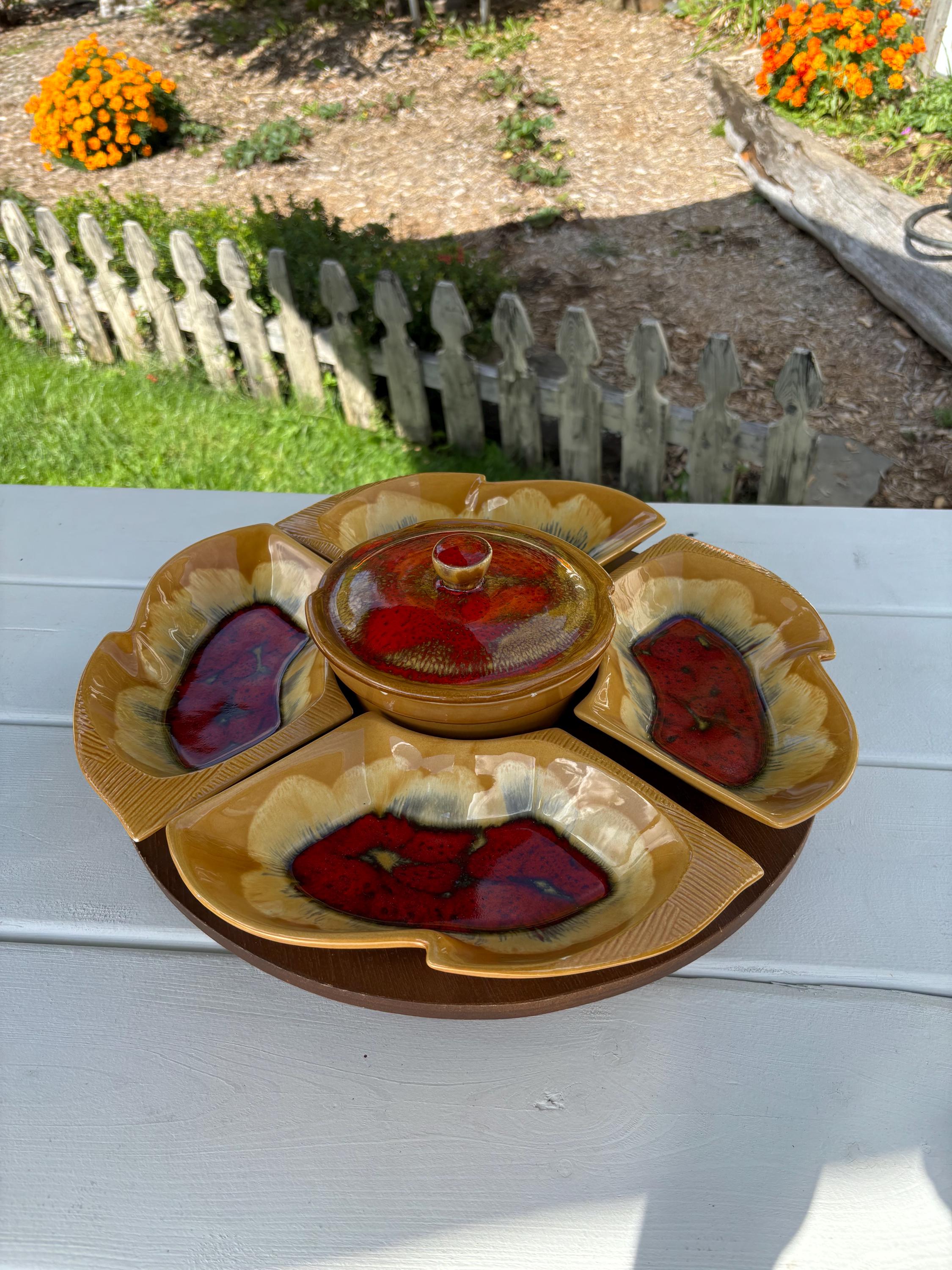Vintage Rotating Ceramic Chips and Dip Set in Red and Mustard