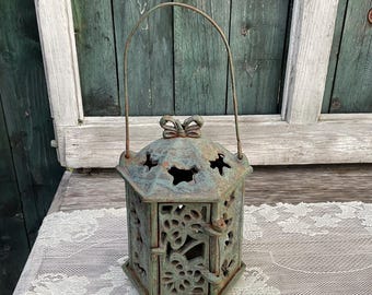 Vintage Japanese Butterfly Flower Garden Lantern, Quality Cast Iron Antique Lantern, Iron Garden Decor, Whimsical Garden.