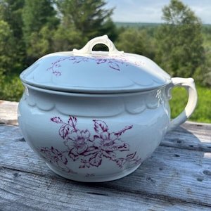 Op de afbeelding: Witte keramische po met een deksel, versierd met een dieprood bloemmotief. De pot heeft een handvat en een geschulpte rand, met een bijpassend deksel. De achtergrond toont een natuurlijke buitenomgeving.