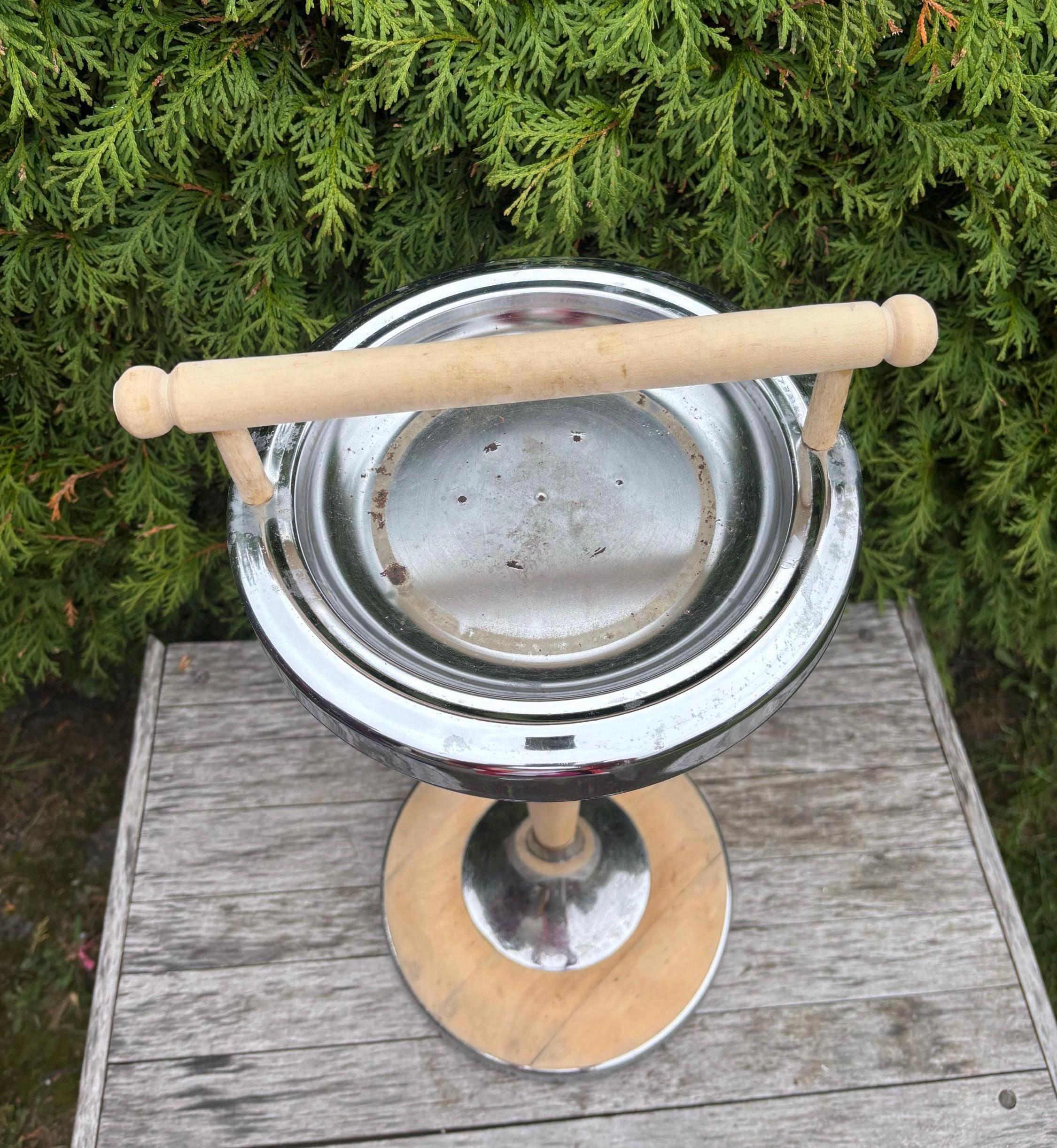 Vintage 70s Standing Ashtray: Iron & Wood Base, Smoked Glass - Etsy