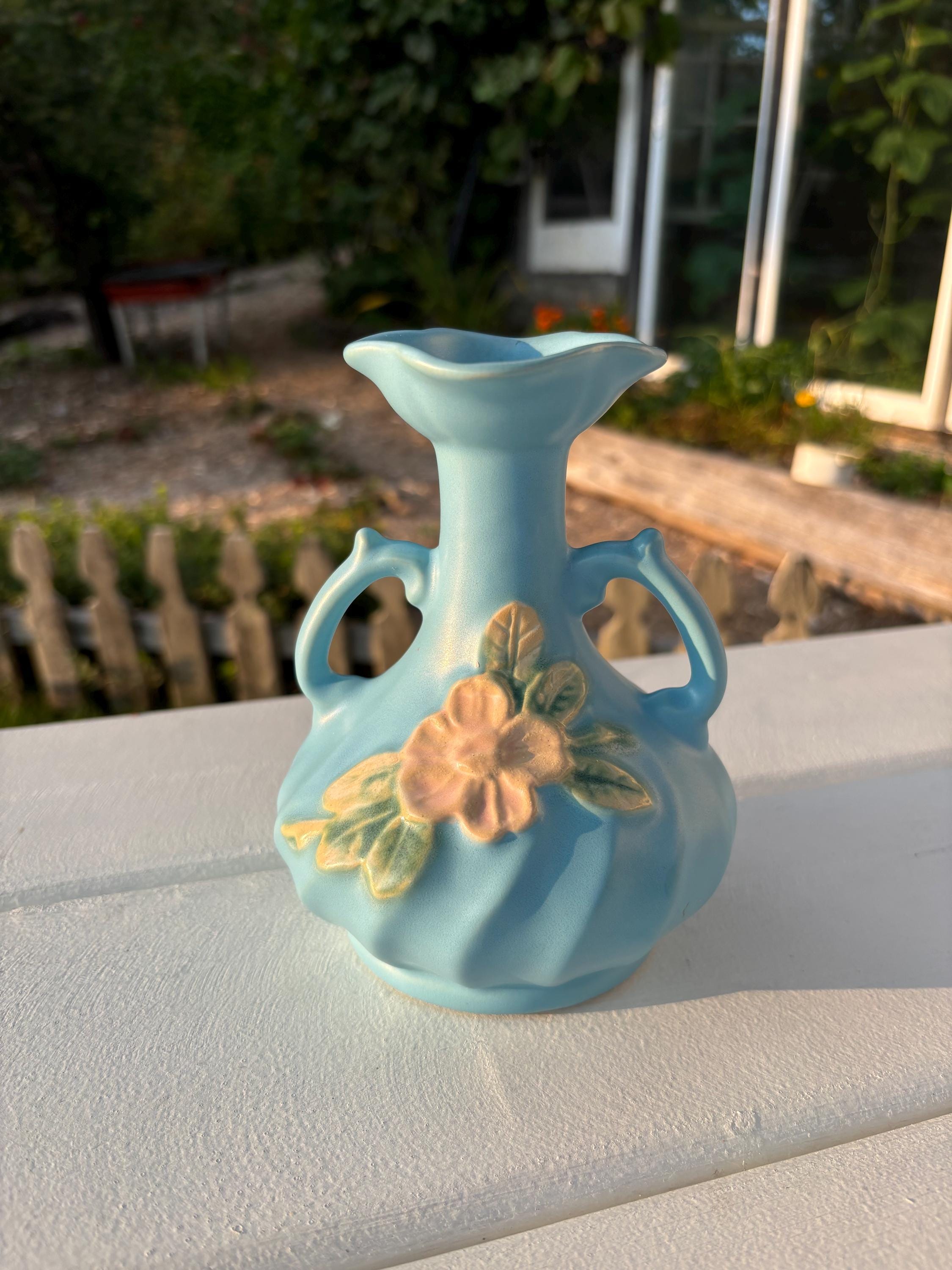 Weller Pottery Green Pink Flower Double Handled Collectible