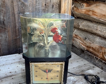 Vintage Fiber Optic Lamp, Rotating Floral Hexagonal Light with Battery Operated Clock, Made in Taiwan, Circa 1980's. Broken in a few places.